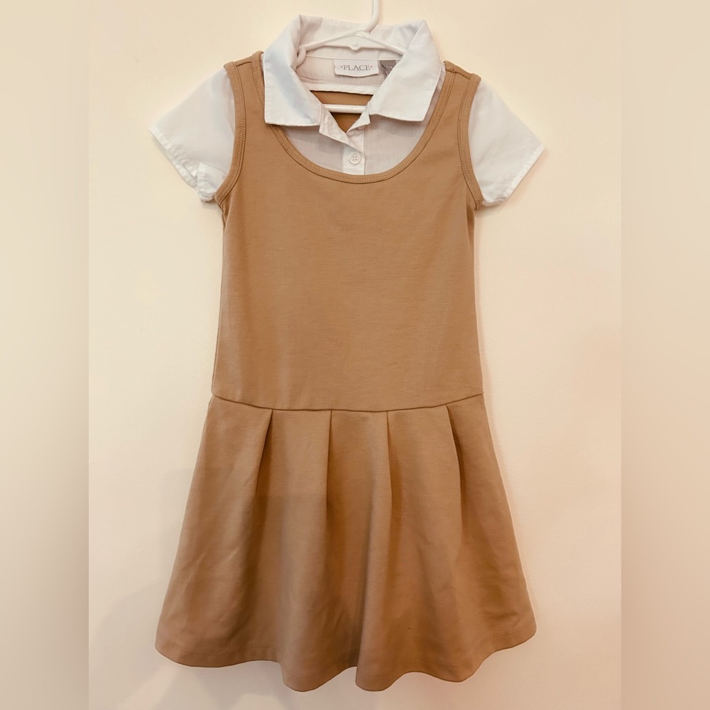 PLACE Girls Size SP Beige & White Tidal Dress w/Faux Button Down Collard Top.
